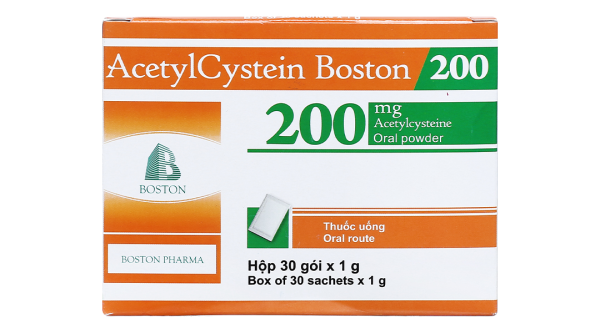 Thuốc bột Acetylcystein Boston 200 trị rối loạn tiết dịch phế quản (30 gói x 1g)