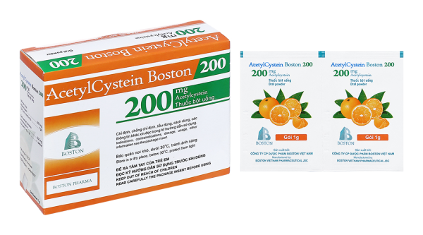 Thuốc bột Acetylcystein Boston 200 trị rối loạn tiết dịch phế quản (30 gói x 1g)
