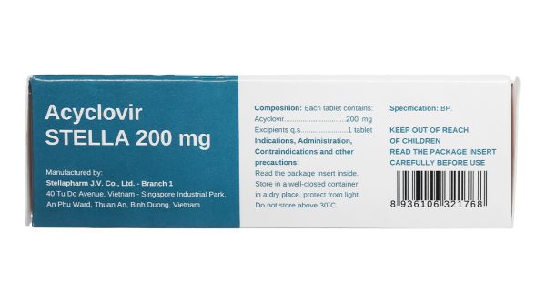 Acyclovir Stella 200mg thuốc kháng virus Herpes simplex (5 vỉ x 5 viên)