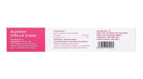 Acyclovir Stella Cream trị nhiễm virus Herpes simplex da tuýp 5g