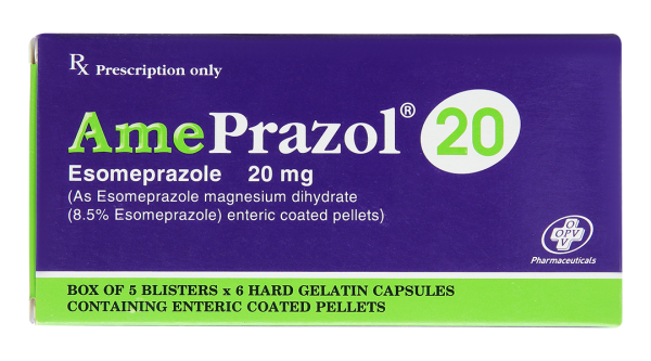 AmePrazol 20 trị viêm xước dạ dày, trào ngược dạ dày thực quản (5 vỉ x 6 viên)