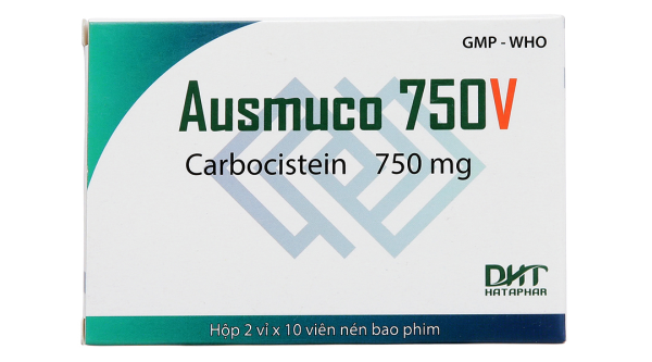 Ausmuco 750V trị hỗ trợ trong bệnh lý hô hấp có tăng tiết nhầy (2 vỉ x 10 viên)