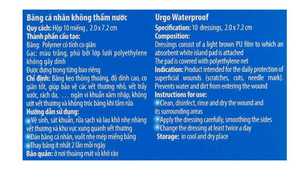 Băng cá nhân không thấm nước Urgo Waterproof (2 x 7.2cm) hộp 10 miếng