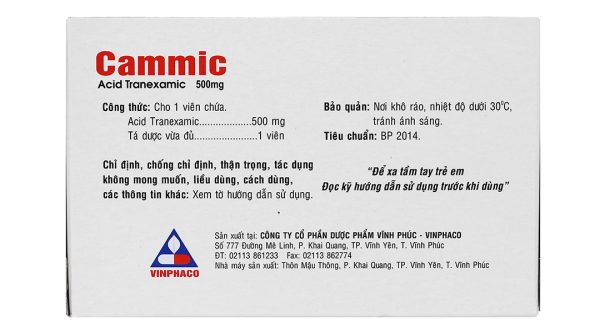 Cammic 500mg cầm máu, trị chảy máu tiêu firin (10 vỉ x 10 viên)