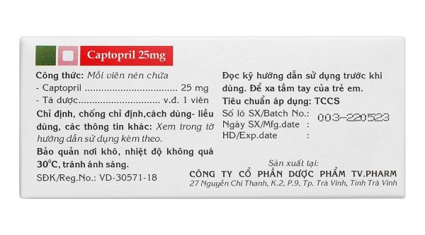 Captopril TV.Pharm 25mg trị tăng huyết áp, suy tim sung huyết (10 vỉ x 10 viên)