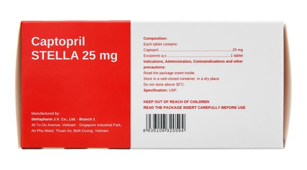 Captopril Stella 25mg trị tăng huyết áp, suy tim (10 vỉ x 10 viên)