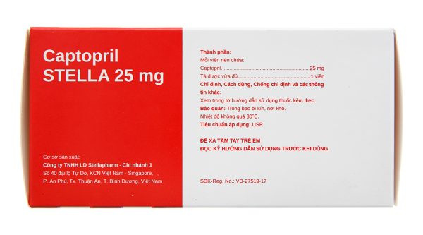 Captopril Stella 25mg trị tăng huyết áp, suy tim (10 vỉ x 10 viên)