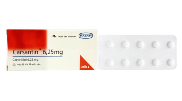 Carsantin 6.25mg trị tăng huyết áp, đau thắt ngực, hỗ trợ suy tim (3 vỉ x 10 viên)