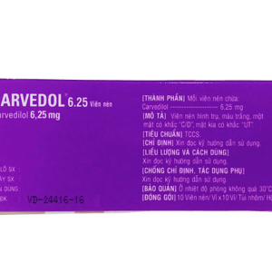 Carvedol 6.25 trị tăng huyết áp, đau thắt ngực (10 vỉ x 10 viên)