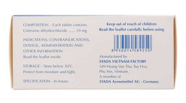 Cetirizine Stada 10mg trị các triệu chứng viêm mũi dị ứng, mày đay (10 vỉ x 10 viên)