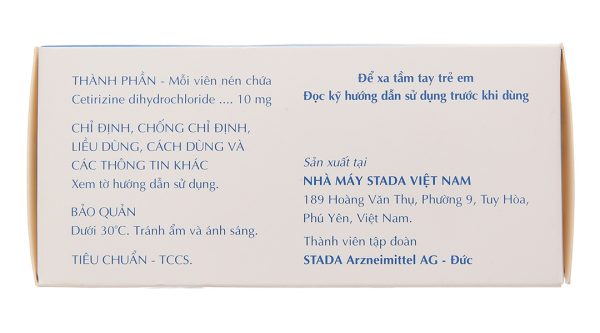 Cetirizine Stada 10mg trị các triệu chứng viêm mũi dị ứng, mày đay (10 vỉ x 10 viên)