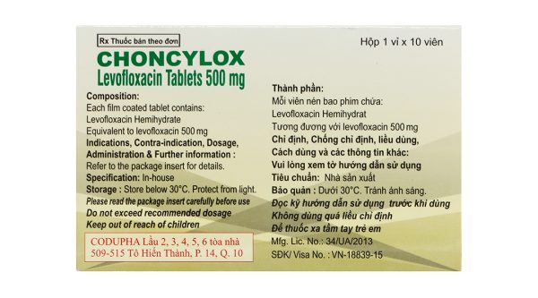 Choncylox 500mg trị nhiễm khuẩn (1 vỉ x 10 viên)