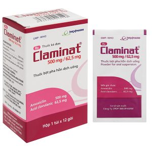 Bột pha hỗn dịch uống Claminat 500mg/62.5mg trị nhiễm khuẩn (1 túi x 12 gói)