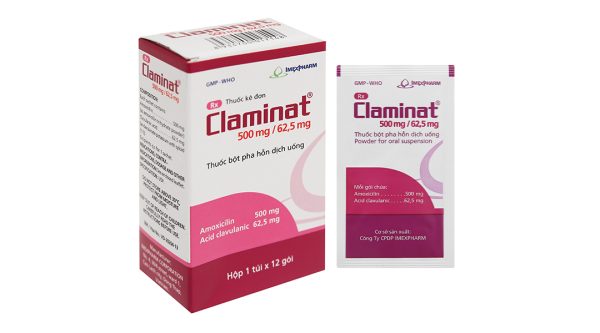 Bột pha hỗn dịch uống Claminat 500mg/62.5mg trị nhiễm khuẩn (1 túi x 12 gói)