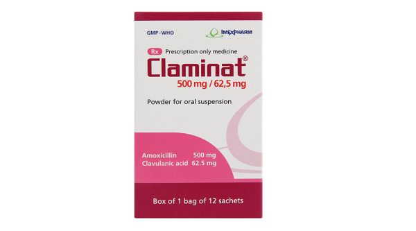 Bột pha hỗn dịch uống Claminat 500mg/62.5mg trị nhiễm khuẩn (1 túi x 12 gói)