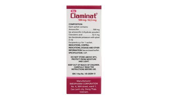 Bột pha hỗn dịch uống Claminat 500mg/62.5mg trị nhiễm khuẩn (1 túi x 12 gói)
