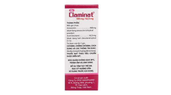 Bột pha hỗn dịch uống Claminat 500mg/62.5mg trị nhiễm khuẩn (1 túi x 12 gói)