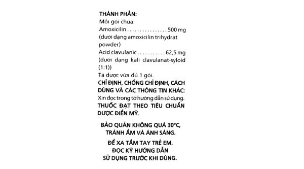 Bột pha hỗn dịch uống Claminat 500mg/62.5mg trị nhiễm khuẩn (1 túi x 12 gói)