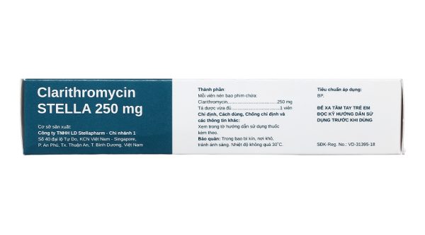 Clarithromycin Stella 250mg trị nhiễm khuẩn do các vi khuẩn nhạy cảm (2 vỉ x 10 viên)