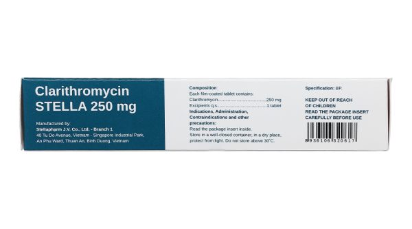 Clarithromycin Stella 250mg trị nhiễm khuẩn do các vi khuẩn nhạy cảm (2 vỉ x 10 viên)