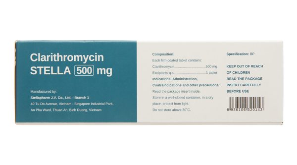 Clarithromycin Stella 500mg trị nhiễm khuẩn (4 vỉ x 7 viên)