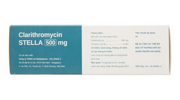 Clarithromycin Stella 500mg trị nhiễm khuẩn (4 vỉ x 7 viên)