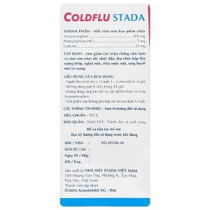 Coldflu Stada trị các triệu chứng cảm cúm: sốt, đau và xung huyết mũi (25 vỉ x 4 viên)