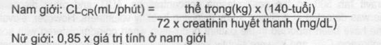 Khi chỉ có số liệu về nồng độ creatinin-huyết thanh, có thể dùng công thức sau đây để đánh giá độ thanh lọc creatinin: Khi chỉ có số liệu về nồng độ creatinin-huyết thanh, có thể dùng công thức sau đây để đánh giá độ thanh lọc creatinin: