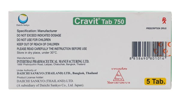 Cravit Tab 750 trị nhiễm khuẩn nhẹ, trung bình và nghiêm trọng (1 vỉ x 5 viên)