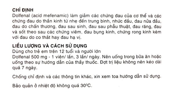 Dolfenal 500mg trị cơn đau nhẹ đến trung bình (25 vỉ x 4 viên)