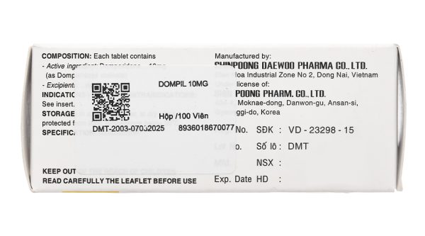 Dompil 10mg trị triệu chứng nôn và buồn nôn (10 vỉ x 10 viên)