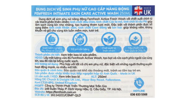 Dung dịch vệ sinh phụ nữ Femfresh Active Wash làm sạch, kháng viêm chai 250ml