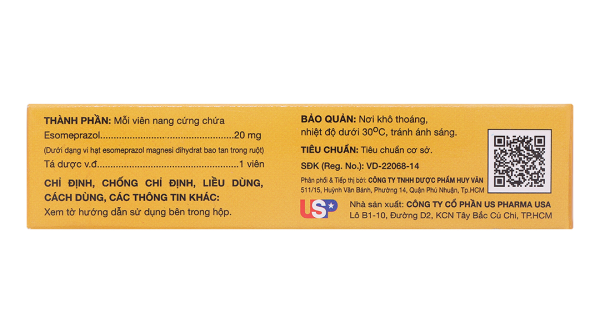 Esomeprazol 20-US trị trào ngược dạ dày, thực quản (3 vỉ x 10 viên)