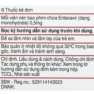 Entecavir Teva 0,5mg điều trị viêm gan B mãn tính (3 vỉ x 10 viên)