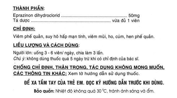 Eprazinone Mebiphar 50mg trị viêm phế quản, suy hô hấp, viêm mũi (3 vỉ x 10 viên)