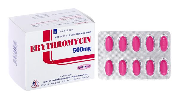 Erythromycin Mekophar 500mg trị nhiễm khuẩn đường hô hấp, da, mô mềm (10 vỉ x 10 viên)