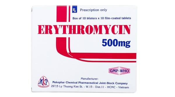 Erythromycin Mekophar 500mg trị nhiễm khuẩn đường hô hấp, da, mô mềm (10 vỉ x 10 viên)