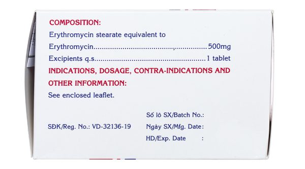 Erythromycin Mekophar 500mg trị nhiễm khuẩn đường hô hấp, da, mô mềm (10 vỉ x 10 viên)