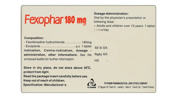 Fexophar 180mg trị viêm mũi dị ứng, mày đay, ngứa (10 vỉ x 10 viên)