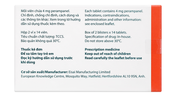 Fycompa 4mg điều trị bổ trợ cơn động kinh khởi phát cục bộ (2 vỉ x 14 viên)