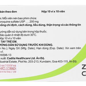 HCQ 200mg trị sốt rét cấp, lupus ban đỏ và viêm khớp dạng thấp (10 vỉ x 10 viên)