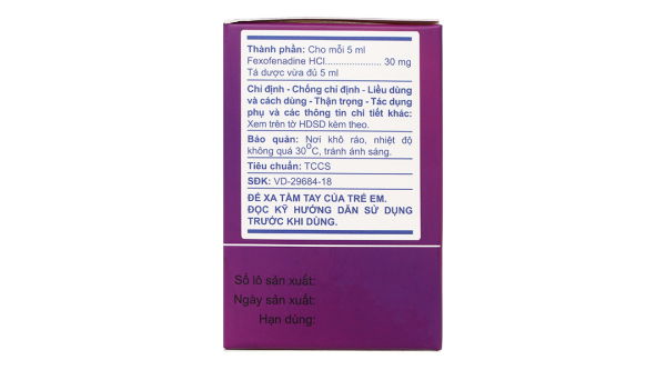 Hỗn dịch uống A.T Fexofenadin 30mg/5ml trị viêm mũi dị ứng, mày đay (30 gói x 5ml)