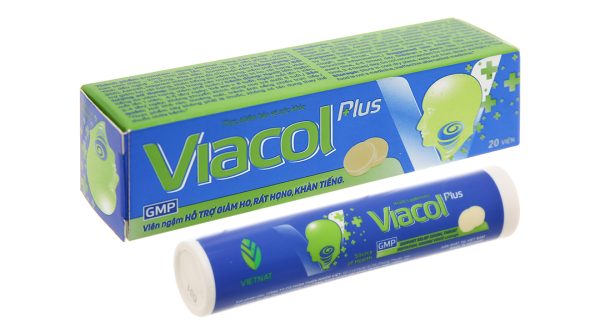 Viên ngậm Viacol Plus hỗ trợ giảm ho, đau rát họng tuýp 20 viên