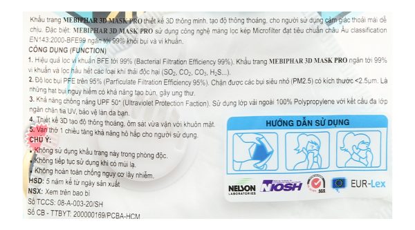 Khẩu trang y tế Mebiphar 3D Mask Pro màu trắng gói 1 cái