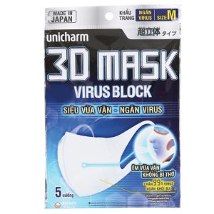 Khẩu trang y tế Unicharm 3D Mask Virus Block 3 lớp màu trắng gói 5 cái