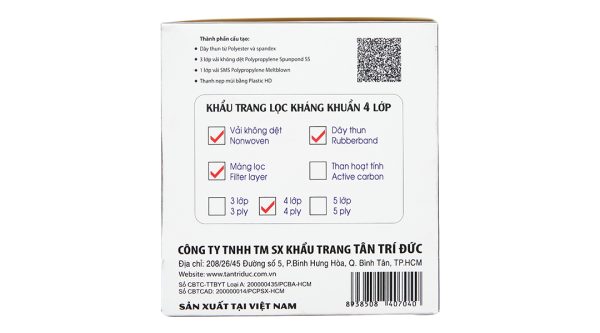 Khẩu trang y tế Trí Đức 4 lớp màu trắng hộp 50 cái