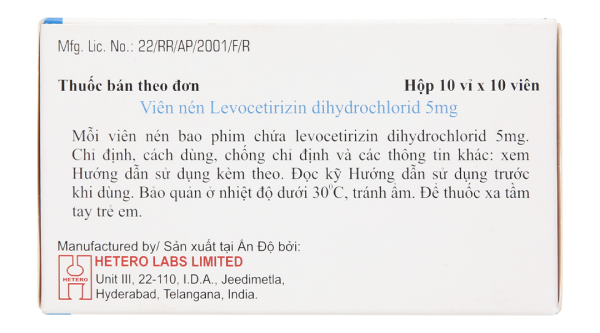 Lazine 5mg trị viêm mũi dị ứng, mề đay (10 vỉ x 10 viên)