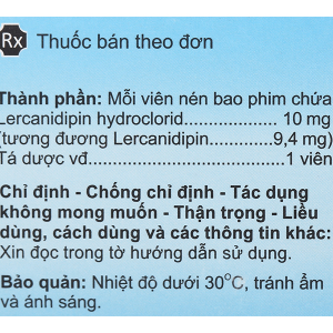 Lercanipin 10mg trị tăng huyết áp đơn liều hoặc phối hợp (3 vỉ x 10 viên)