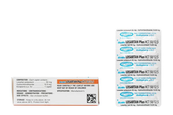 SaVi Losartan Plus HCT 50/12.5 trị tăng huyết áp (3 vỉ x 10 viên)