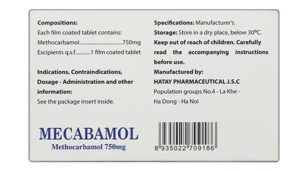 Mecabamol 750mg điều trị bệnh lý cơ xương cấp tính do co thắt cơ vân (6 vỉ x 10 viên)